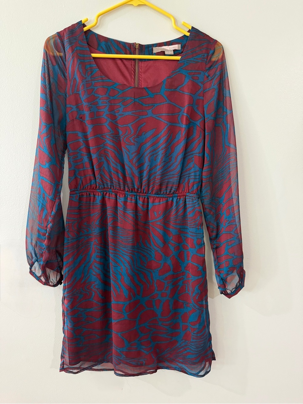 Love 21 Red Blue Animal Print Sheer Layered Long Sleeve Women's XS Mini Dress